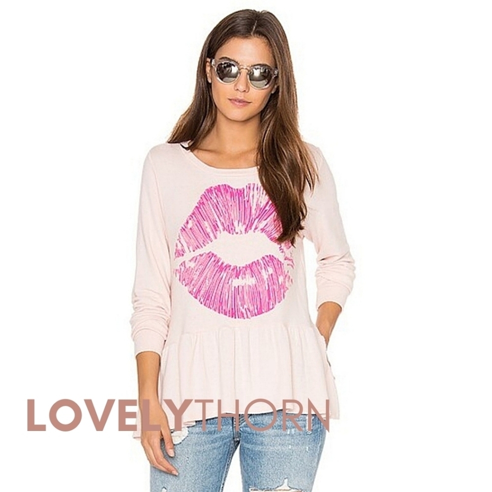 Lauren Moshi // Ltd Ed Pink Kiss Lips Super Soft Ruffle Peplum Pullover Top